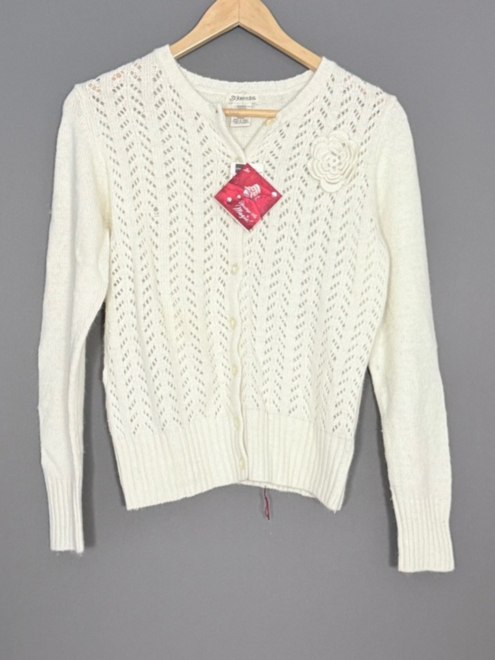 St. John’s Bay Angora Blend Pointelle Cardigan Women Ivory Small Coquette NEW